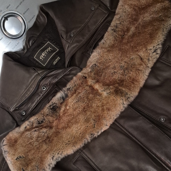 Geox Dark Brown Leather Jacket with  Fur Trim - Picture 11 of 12